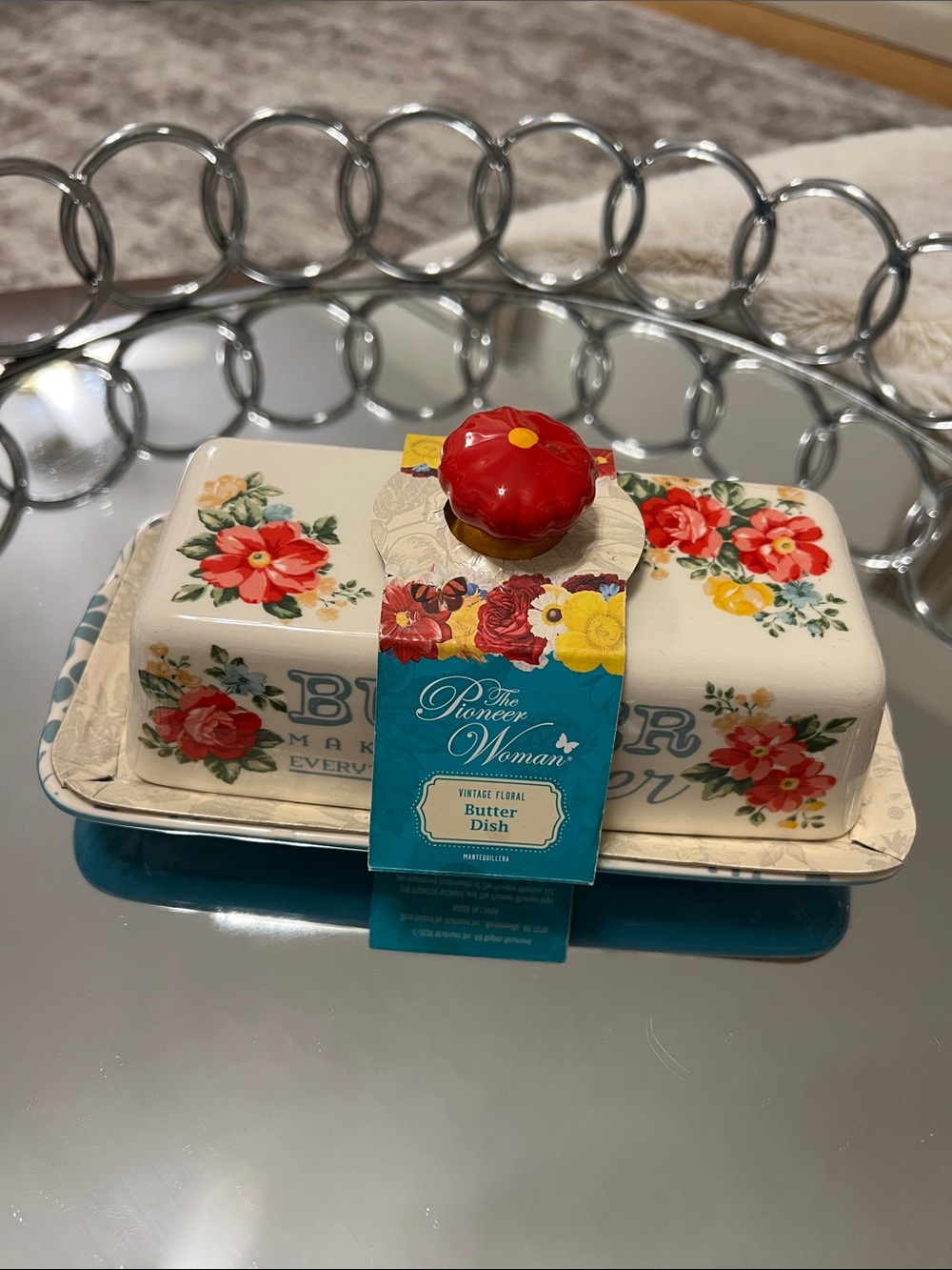 The Pioneer Woman Cream Floral Butter Dish with Red Knob